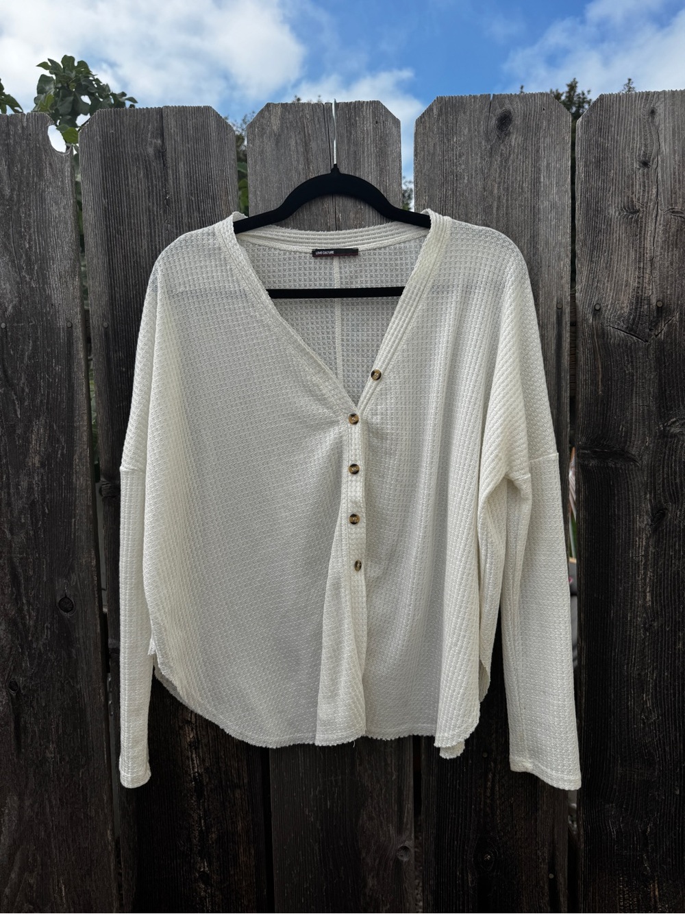 Love Culture Cream Waffle Knit Button-Front Long Sleeve Top